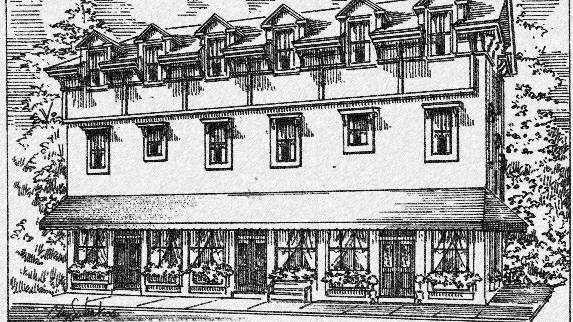 Black and white artist's rendering of a historic hotel