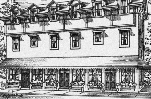 Black and white artists rendering of a hotel